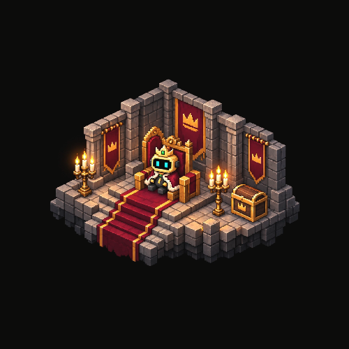 Pixel-art robot ruler in the complete throne room